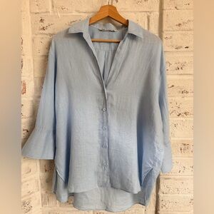 Zara Light Blue Linen Feel Flowy Blouse | Relaxed Button Front Top Size S